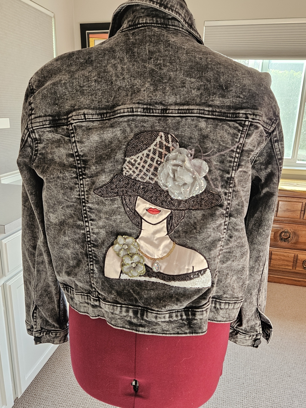 Simply Vera Vera Wang Black Washed Denim Jacket with Embroidered Lady Applique
